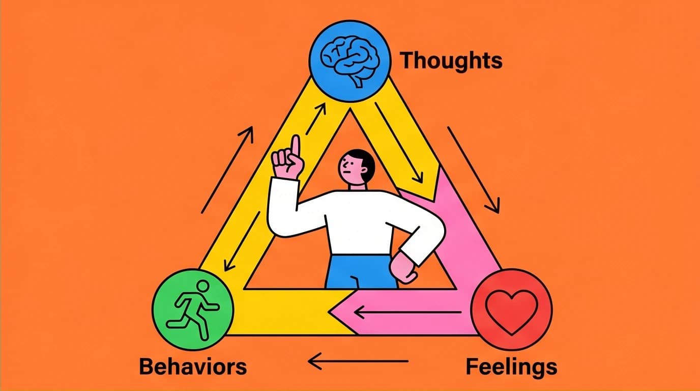 A diagram of the Cognitive Triangle (thoughts, feelings, behaviors), a core concept in cognitive behavioral therapy exercises for anxiety.