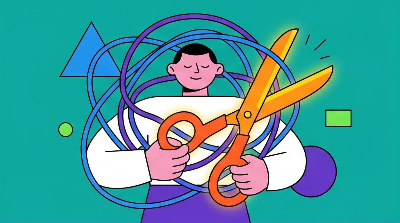 An illustration of a person cutting a chaotic worry loop with giant scissors, symbolizing the use of CBT techniques for anxiety to regain mental control.