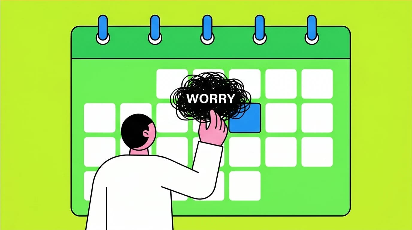An illustration of a person scheduling their 'worry time' on a calendar, demonstrating a practical CBT tool for managing anxiety.