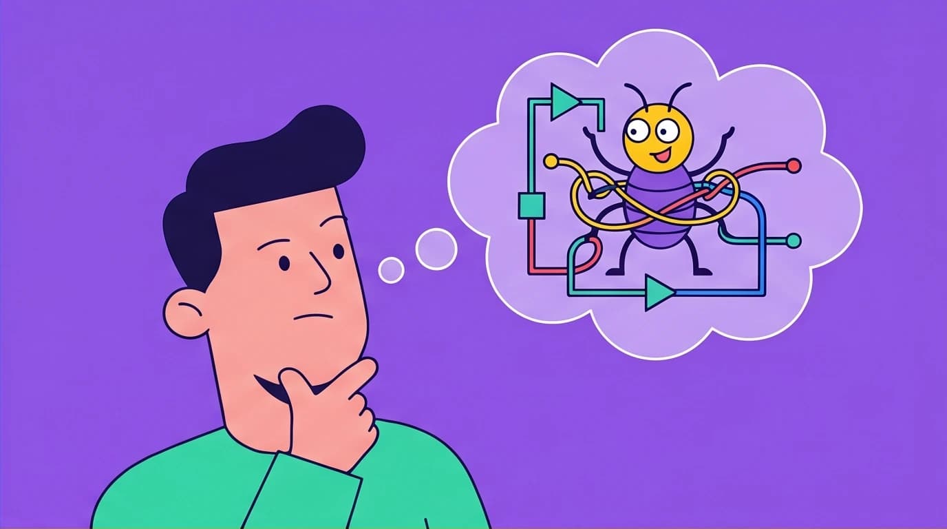 A visual metaphor for cognitive distortions, showing a bug disrupting a thought process, a key concept in using CBT for overthinking.