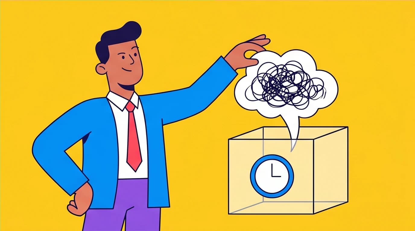 An illustration of the Scheduled Worry Time strategy, a CBT technique where a person contains a worried thought to break the rumination cycle.