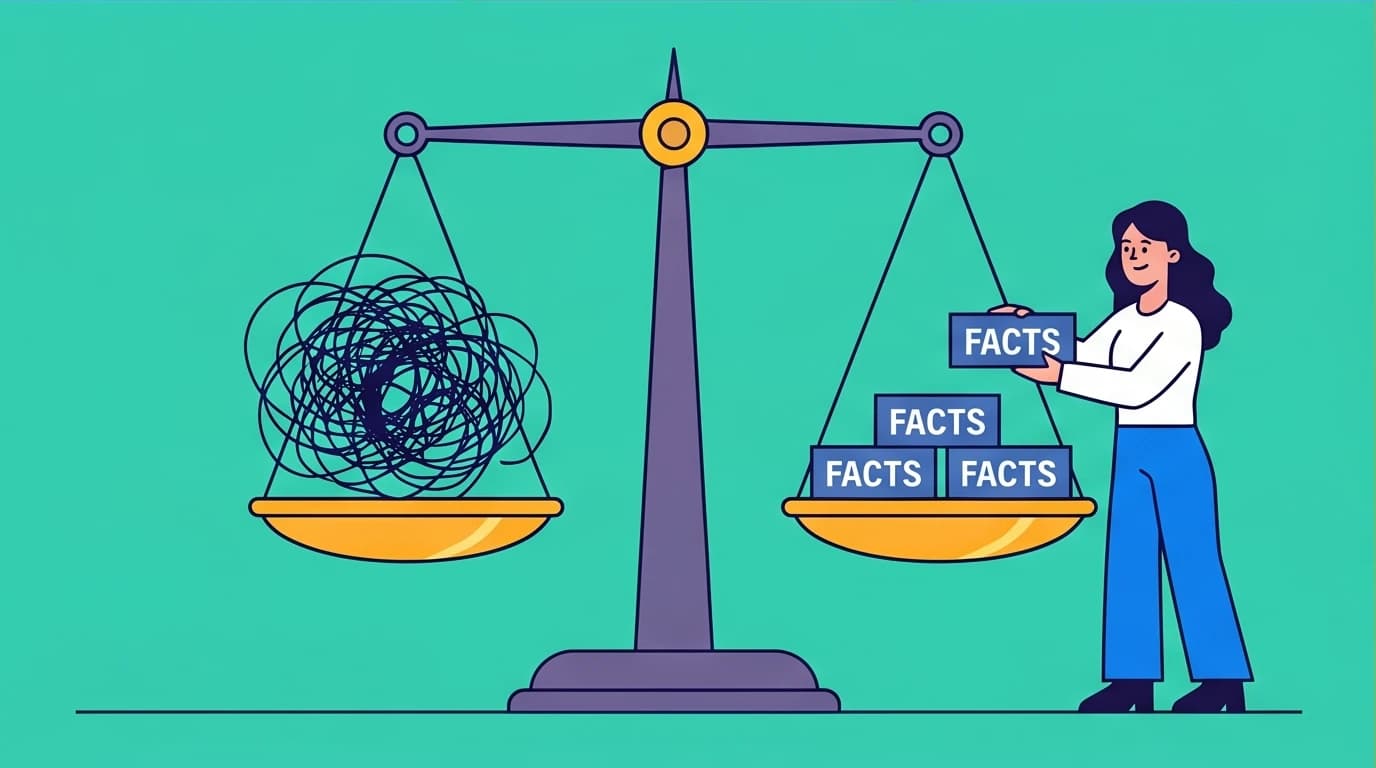 A person using the CBT Thought Record technique, weighing a negative thought against facts on a scale to stop rumination and anxiety.