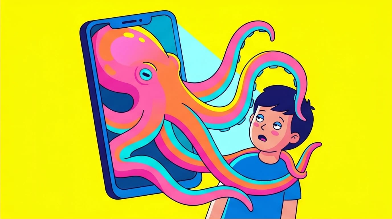 Illustration of a digital algorithm trapping a child in its glow, a visual metaphor for the cause of smartphone addiction.