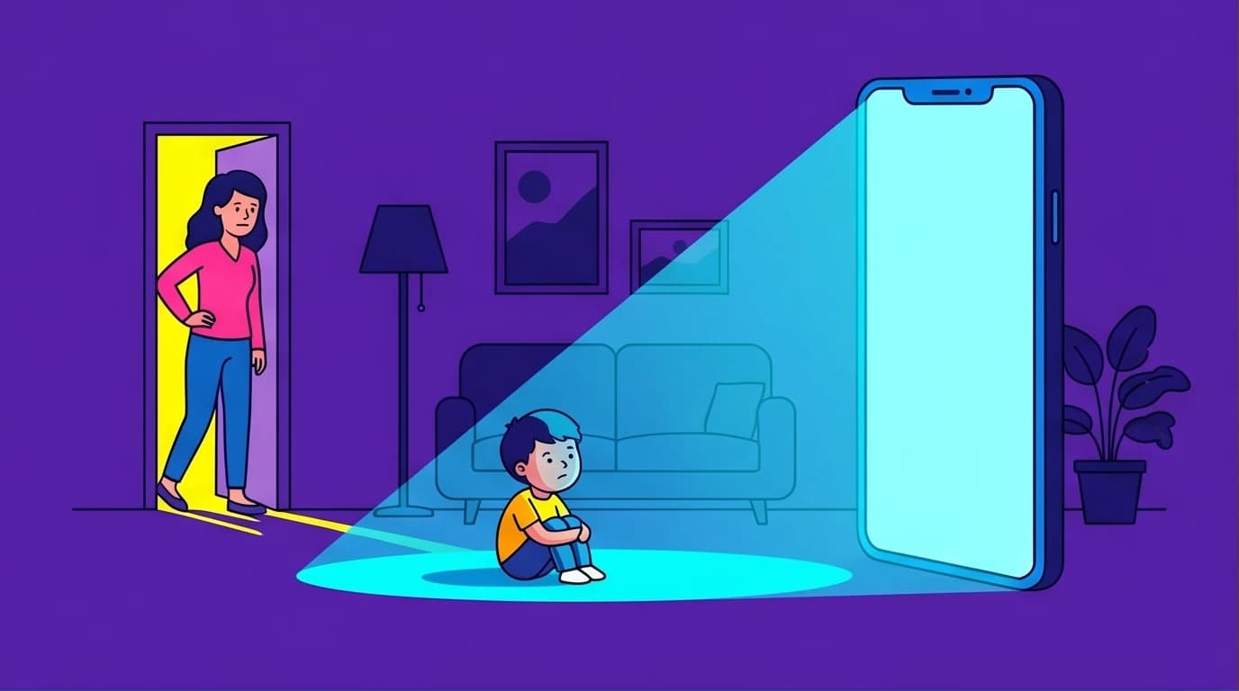 A visual of child phone addiction, where a parent struggles to connect with a child mesmerized by a giant glowing smartphone.