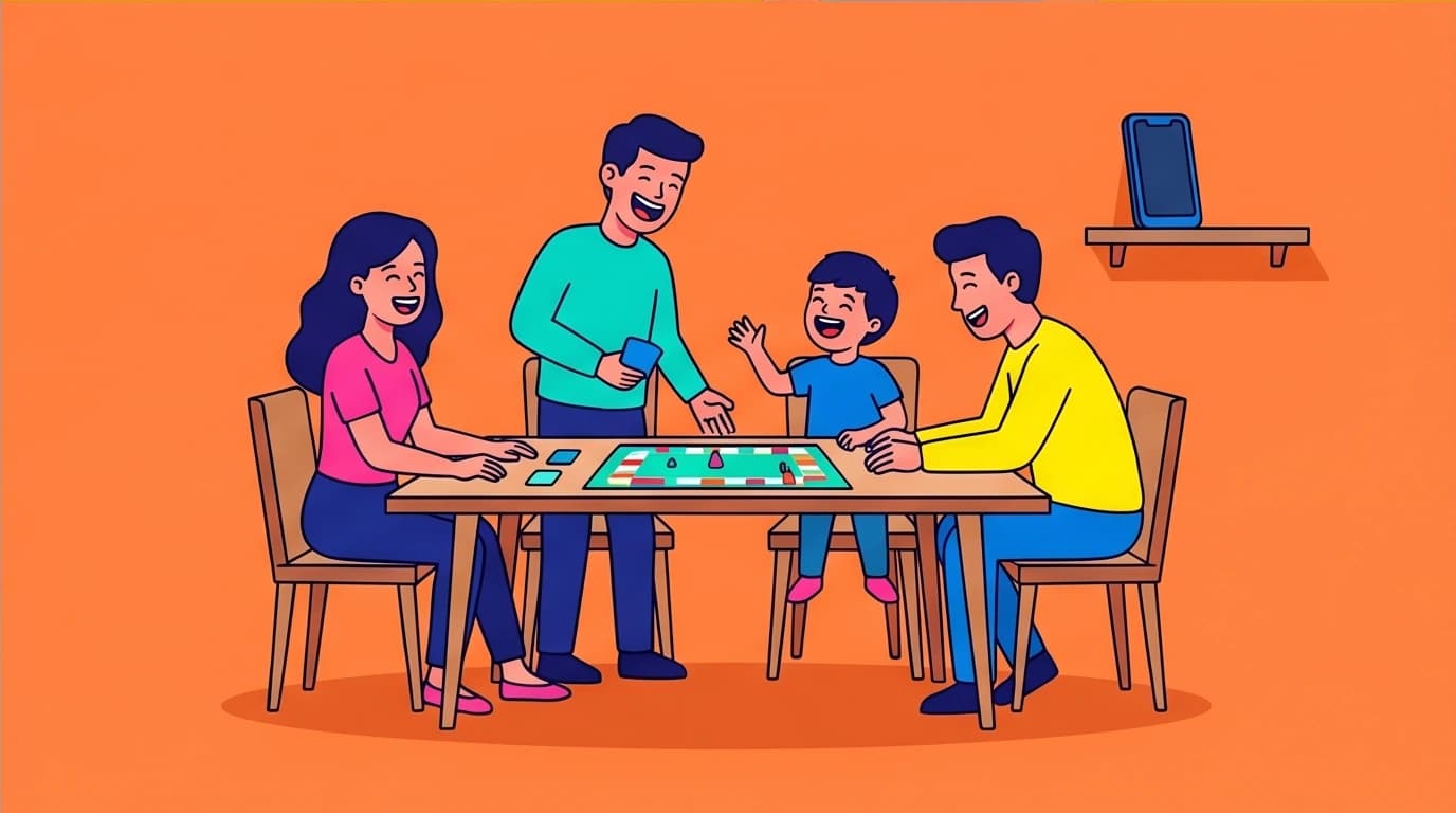 A family enjoying a board game as a healthy alternative to screen time, a solution for child phone addiction.