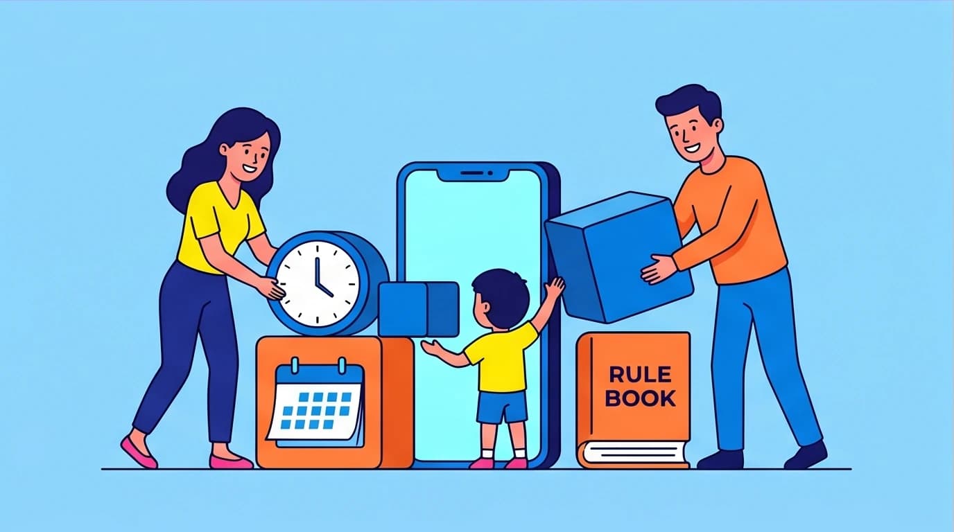 A family works together to set screen time rules, a key parenting strategy for overcoming child phone addiction.