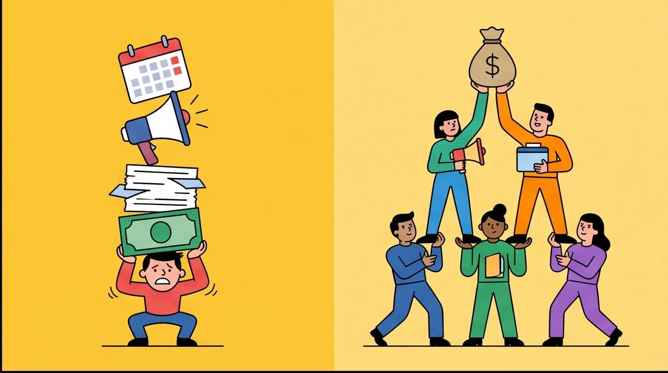 A before-and-after visual of an overwhelmed leader versus an efficient team, highlighting the importance of structure in church management skills.