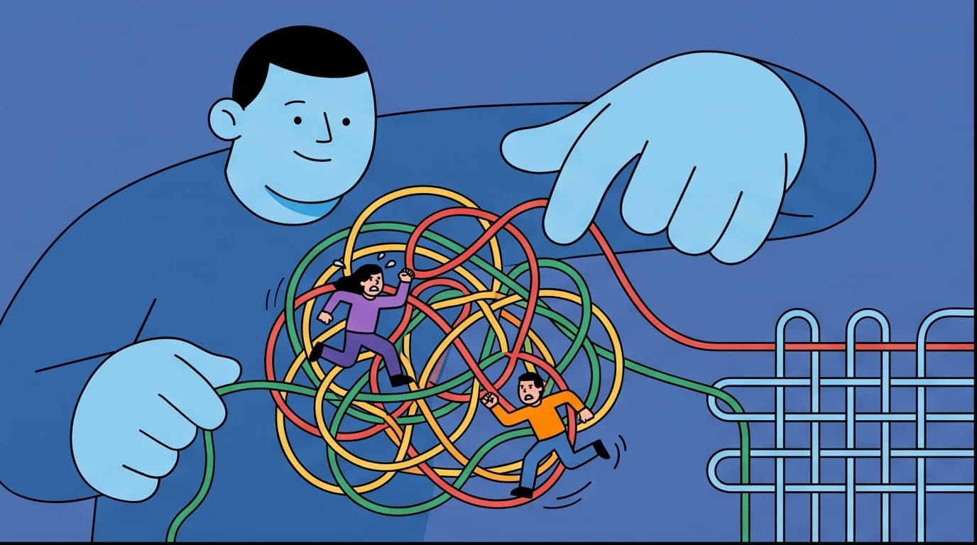A figure untangling threads of chaos into an orderly grid, illustrating the principles of effective church administration and ministry management.
