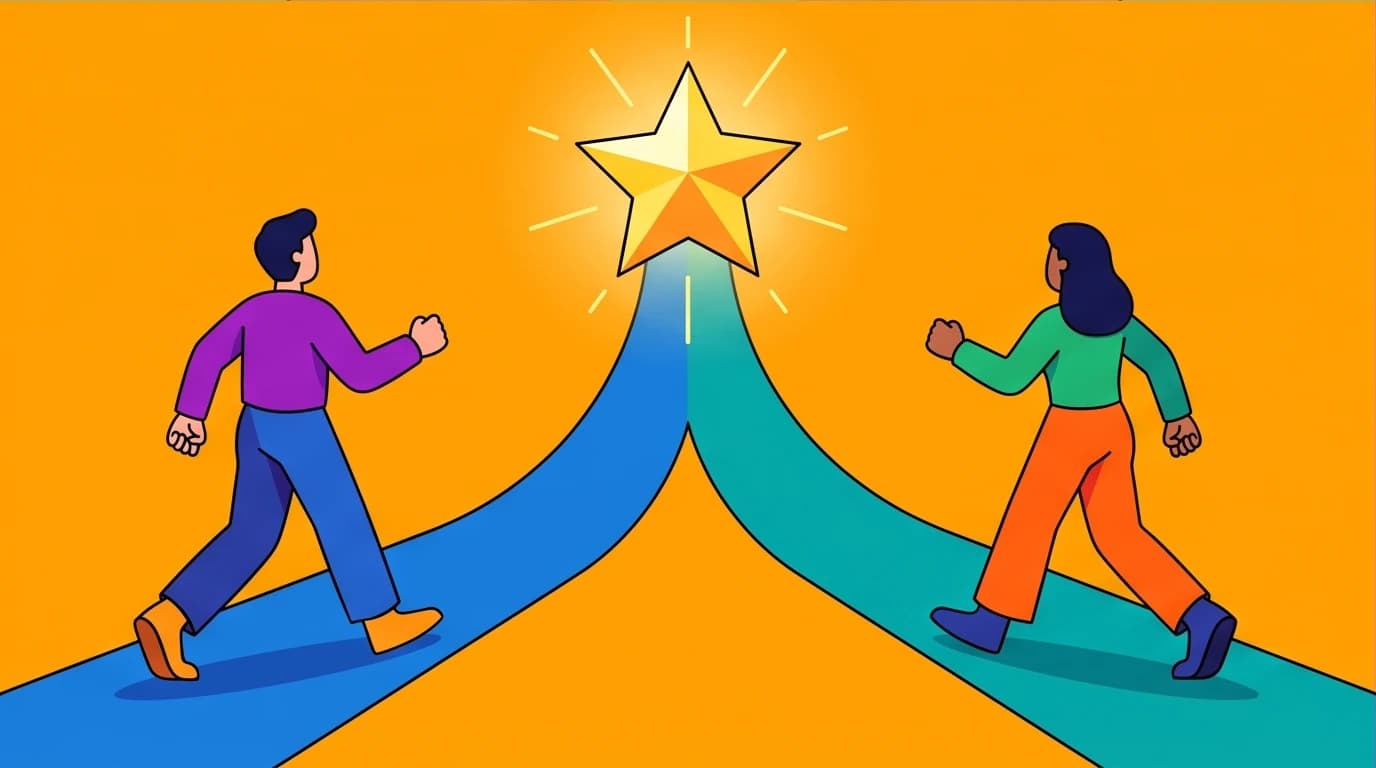 Two figures uniting on a single path towards a shared goal, symbolizing finding common vision in church conflict reconciliation.