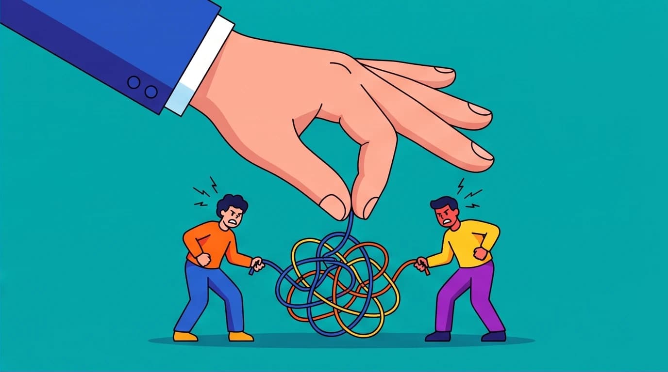 A visual metaphor for the first step in conflict resolution: a giant hand separating people from the problem to de-escalate tension.