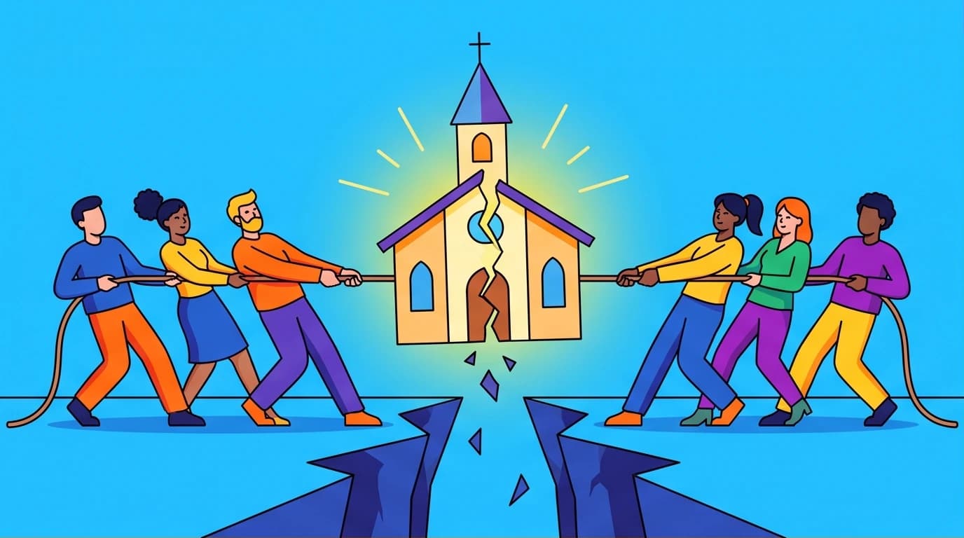 An illustration showing two teams in a tug-of-war, representing the challenges of church conflict resolution and team disagreement.