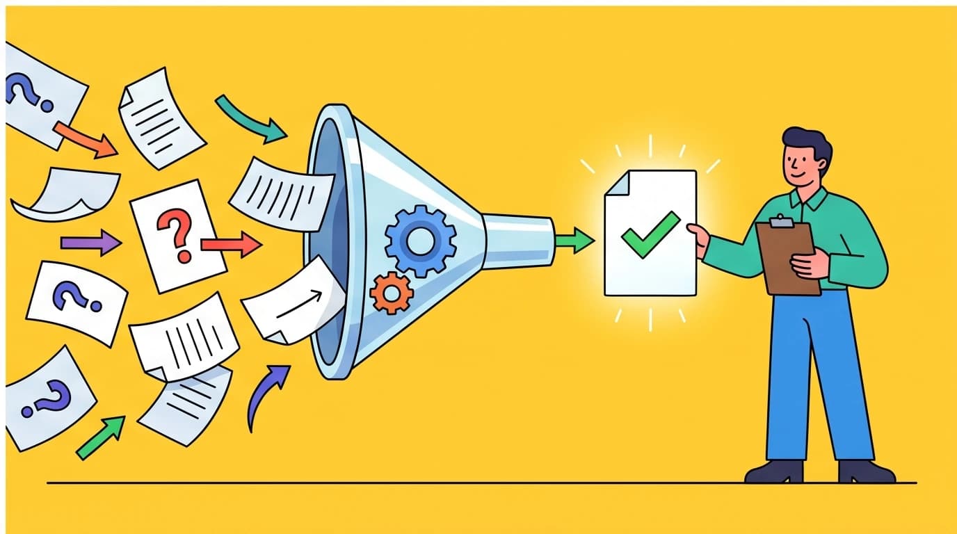 A streamlined workflow transforming chaotic meeting inputs into clear outcomes, illustrating an efficient church decision-making mechanism.