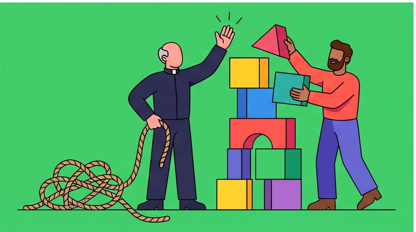 Abstract characters building together, symbolizing a healthy pastor-elder relationship based on trust and transparent communication in church leadership.