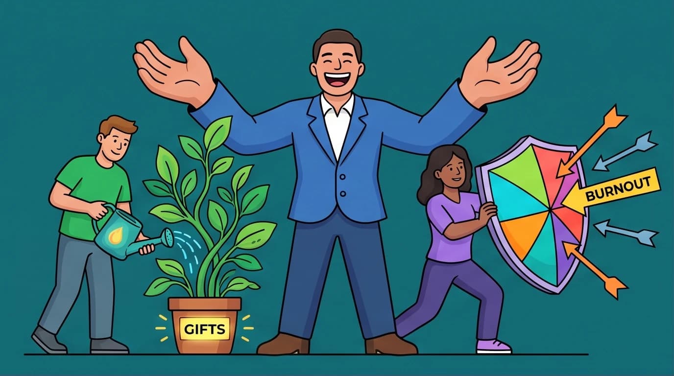 A vibrant illustration showing a leader guiding a diverse team, symbolizing effective church worker management to motivate volunteers and discover gifts.