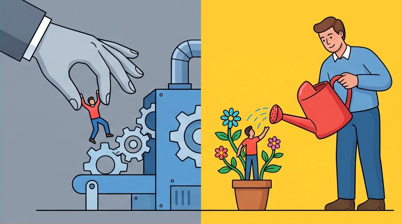 A conceptual illustration contrasting controlling management with nurturing spiritual leadership, showing a person as a machine cog versus a growing plant.
