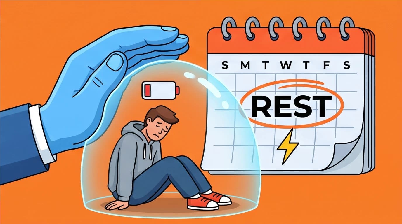 A powerful visual about preventing church worker burnout, showing a leader protecting a tired volunteer with a shield and a scheduled rest period.