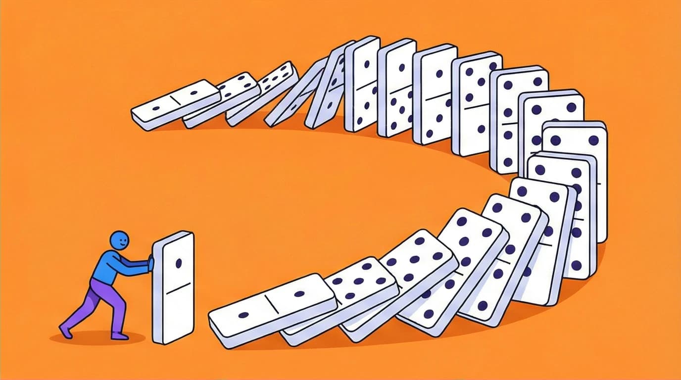A small domino starting a massive chain reaction, illustrating the commitment and consistency principle from Cialdini's 6 principles of influence.
