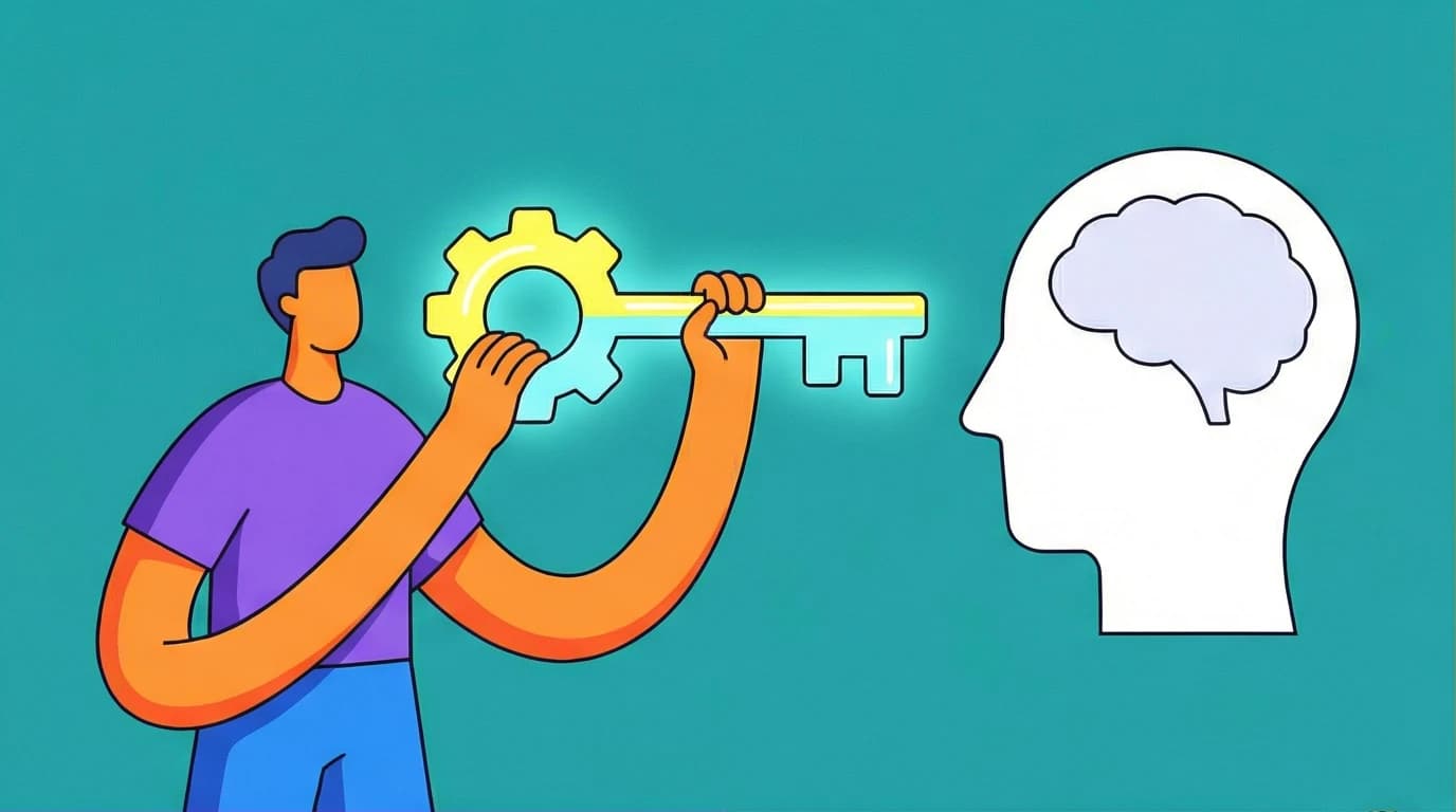 Illustration of a key unlocking a human mind, symbolizing Cialdini's 6 principles of persuasion and understanding psychological triggers.