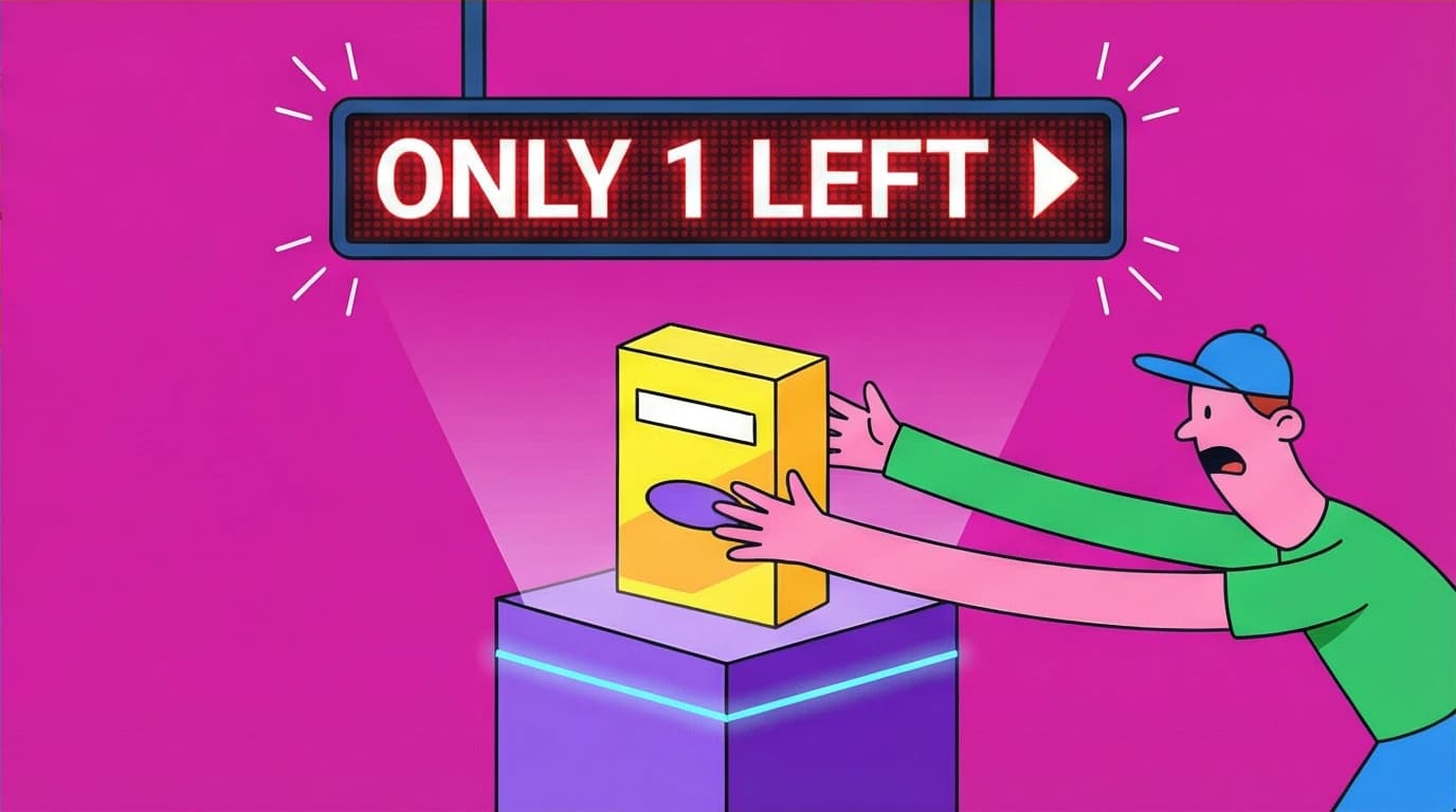 A person urgently reaches for a 'last-in-stock' product, an example of Cialdini's scarcity principle and the psychology of persuasion.