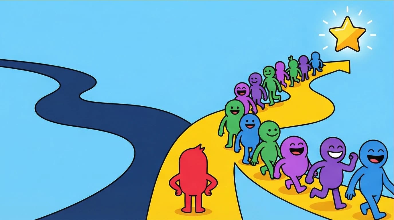 A visual of social proof in marketing, showing a crowd of happy customers influencing a new buyer's decision, a key Cialdini persuasion tactic.