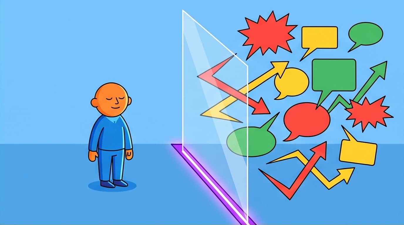 Illustration of Adlerian psychology's 'separation of tasks' from 'The Courage to be Disliked', showing a person protected from others' judgments.