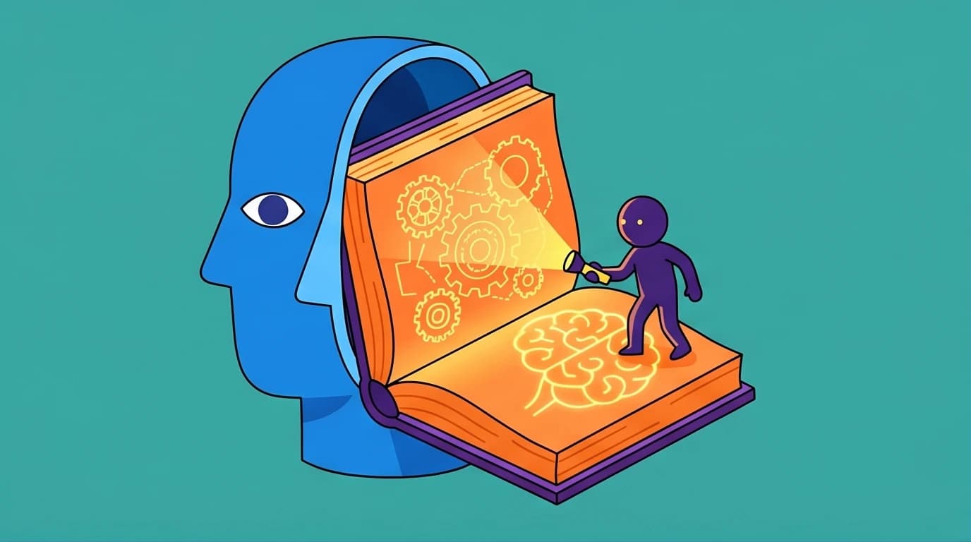 A guide to self-reconstruction using classic psychology bestsellers, showing a person exploring the inner world of a mind represented by a giant book.