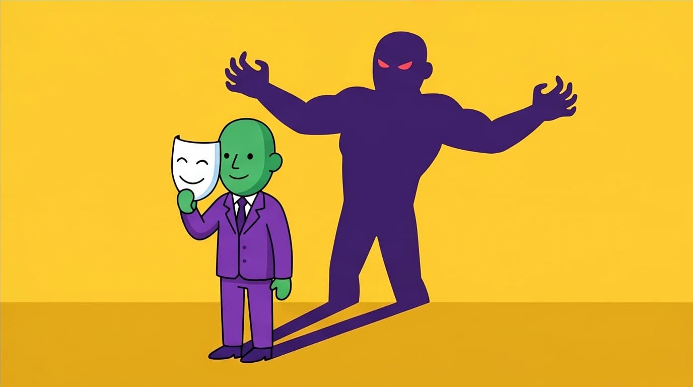 A character integrating their 'Persona' and 'Shadow' selves, a key concept from Jungian psychology for achieving wholeness and individuation.