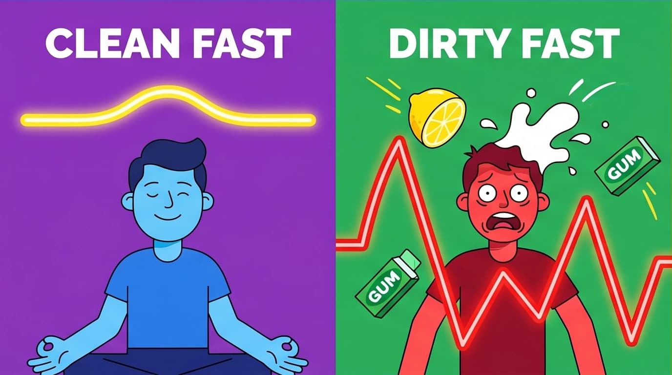 A comparison of clean vs dirty fasting for intermittent fasting, showing the stable energy from clean fasting versus hunger from dirty fasting.