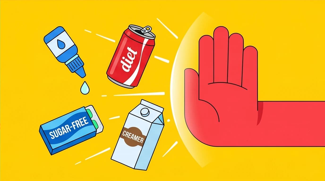 An image showing the forbidden items list for Gin Stephens' clean fast rules, including creamers, sweeteners, and diet sodas.