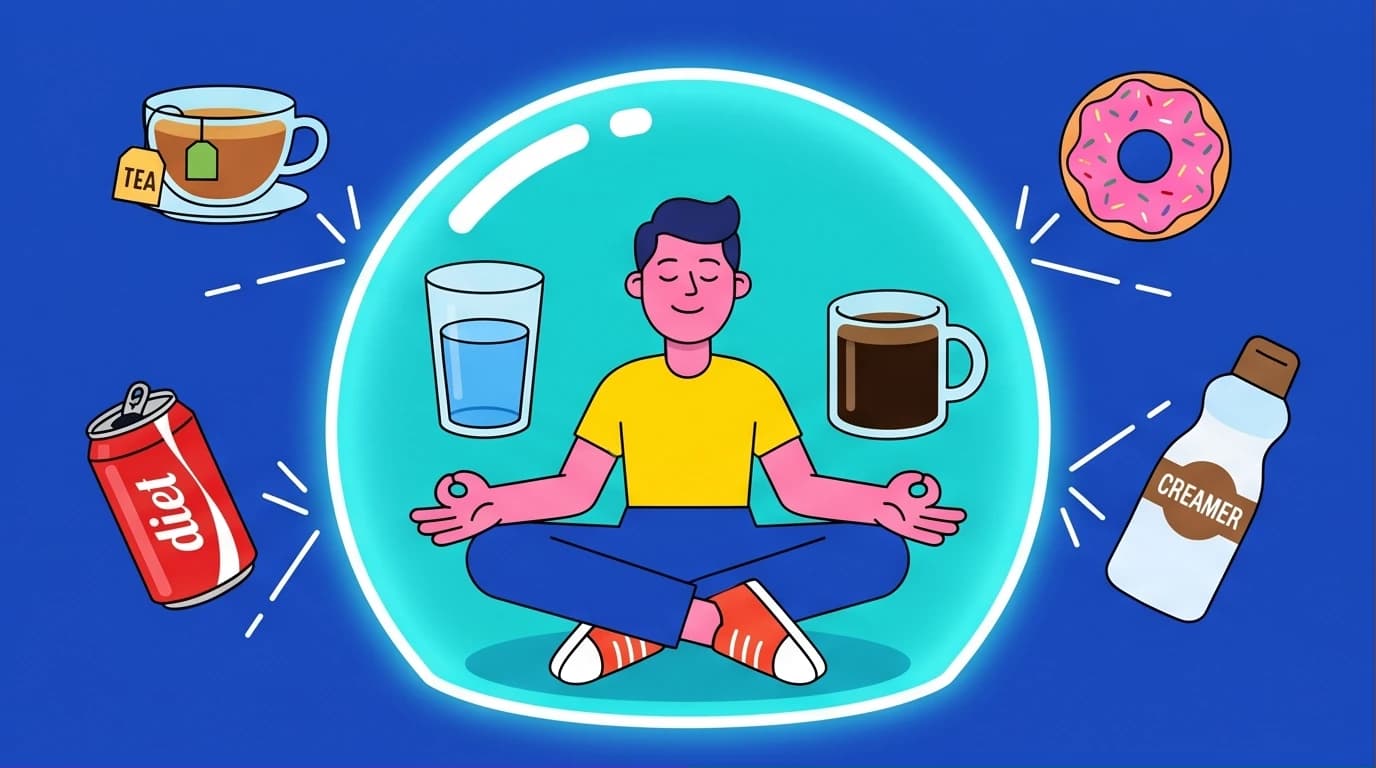 Illustration of Gin Stephens' clean fast rules, showing how only water, black coffee, and tea are allowed to maintain a true fast.