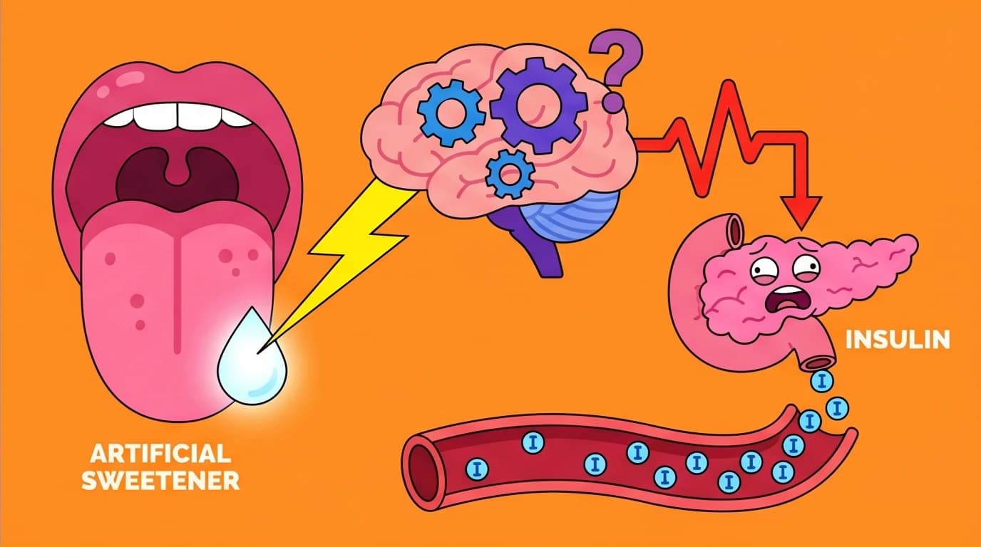 Diagram showing how artificial sweeteners break a fast by triggering an insulin response, a key concept in Gin Stephens' fasting guide.