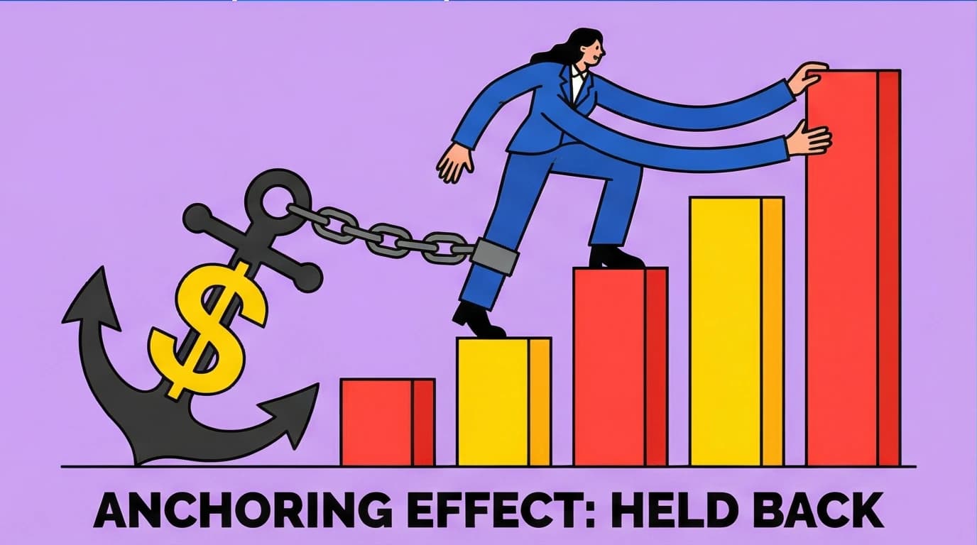 Illustration of the anchoring effect cognitive bias, where a business person is held back by a giant anchor representing initial information.