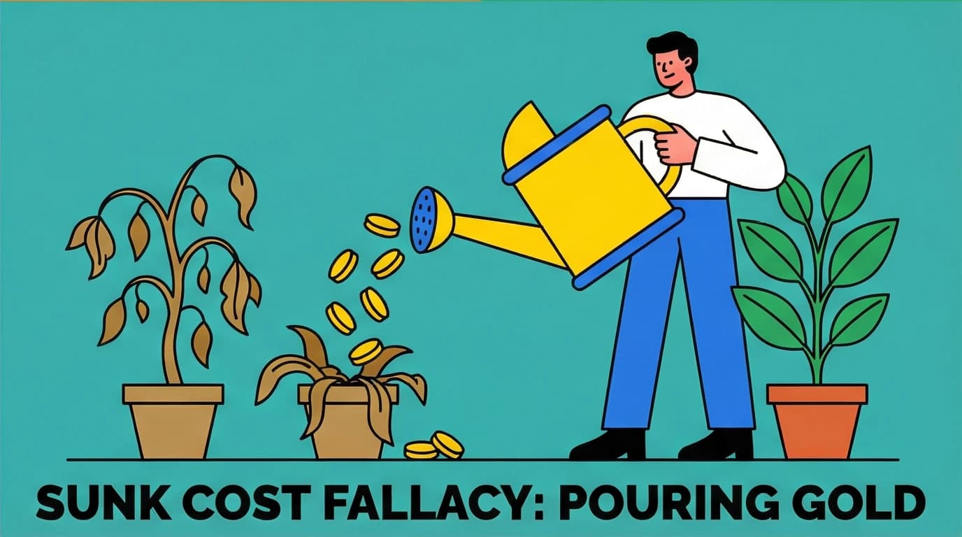 A character pouring coins into a dead plant, a metaphor for the sunk cost fallacy cognitive bias discussed in 'Thinking, Fast and Slow'.