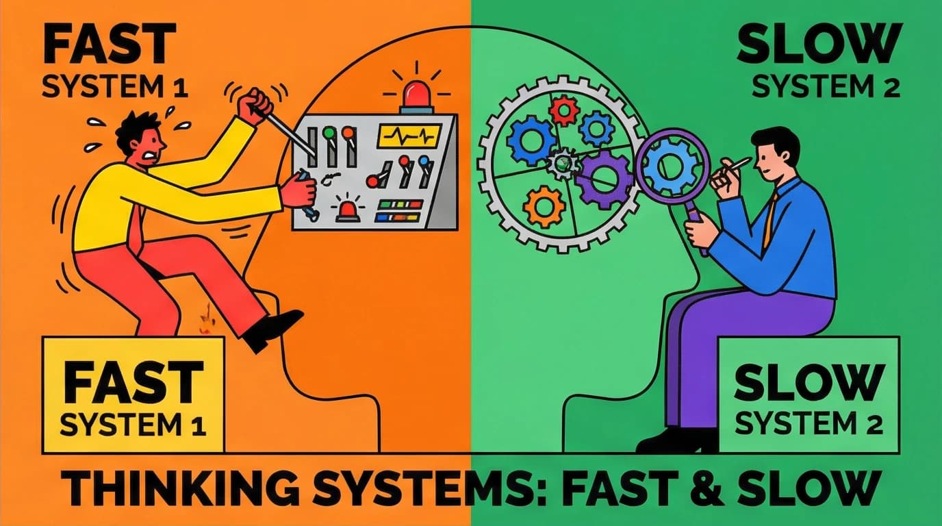 A brain split into two parts, showing the conflict between fast System 1 thinking and slow System 2 thinking as described by Kahneman.