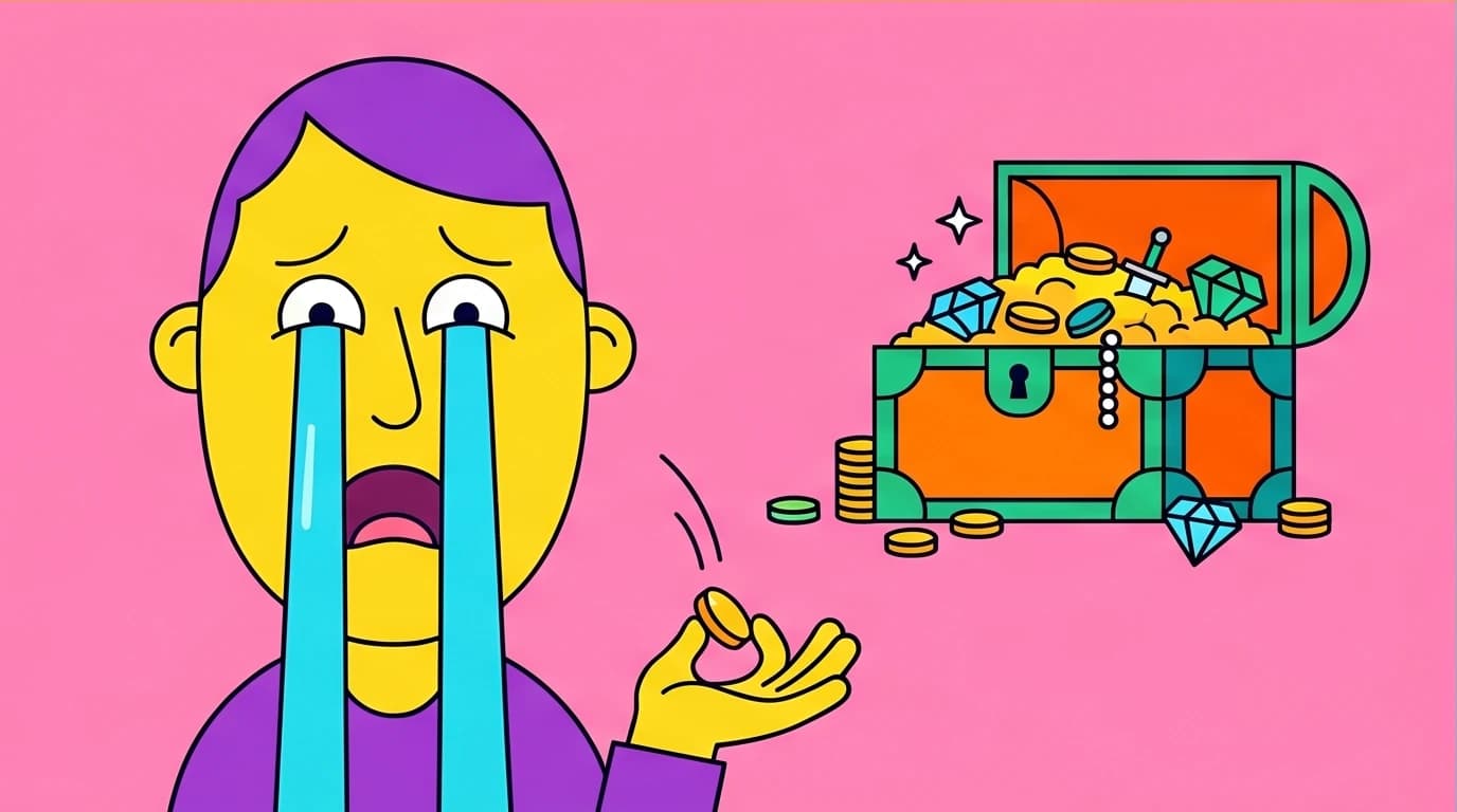 An exaggerated illustration of loss aversion, where a person mourns a lost coin more than they enjoy a greater gain, a key cognitive bias from Kahneman.