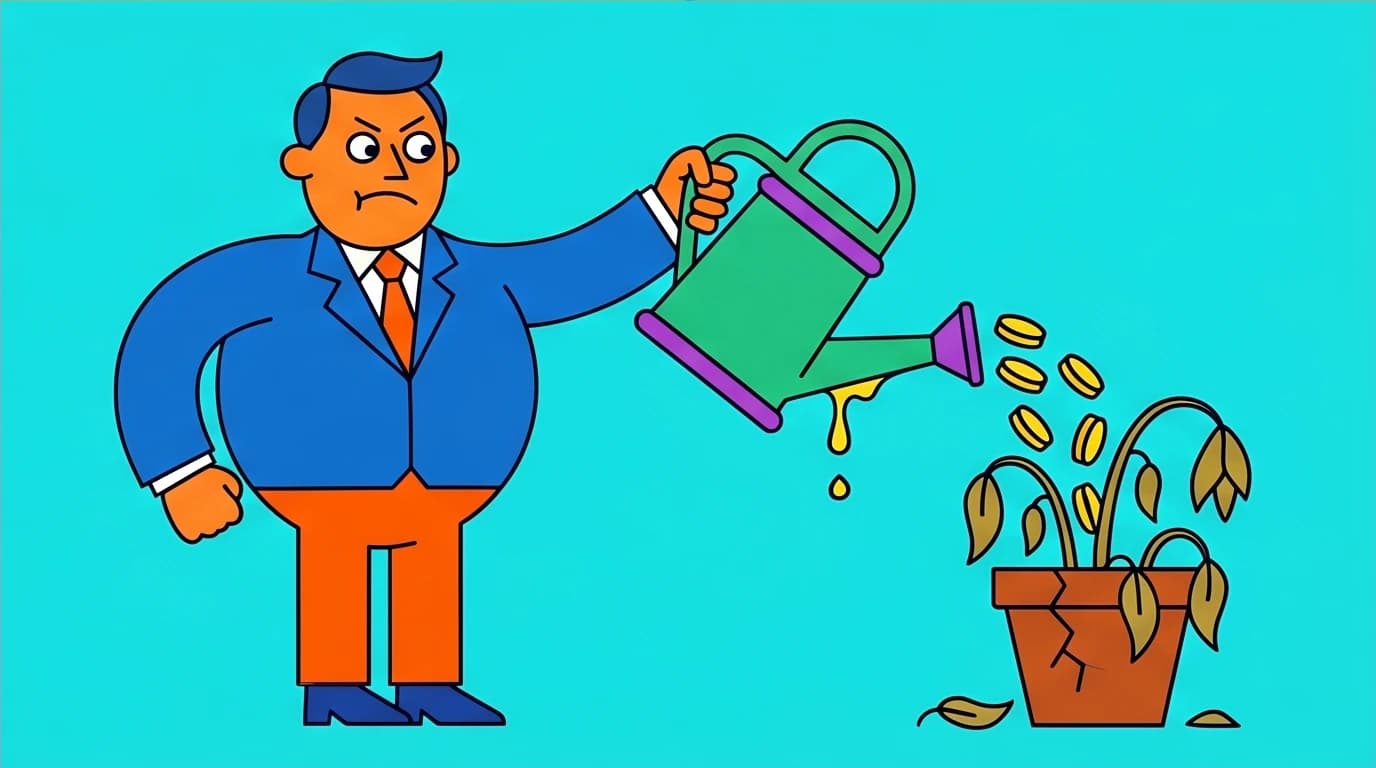 A character pouring coins into a dead plant, symbolizing the sunk cost fallacy cognitive bias where one keeps investing in a failing project.