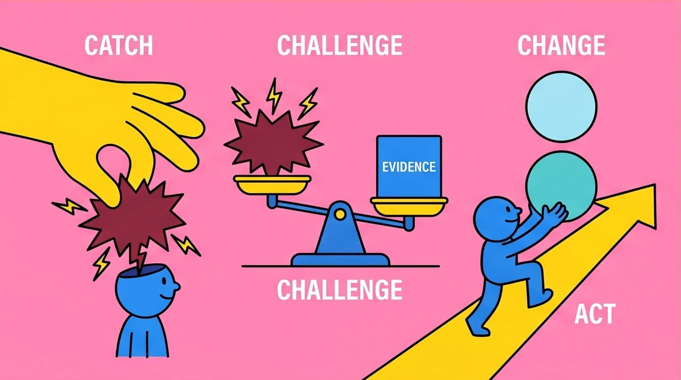 A four-step visual process of CBT for work anxiety: catching, challenging, changing, and acting on negative thoughts for better mental health.