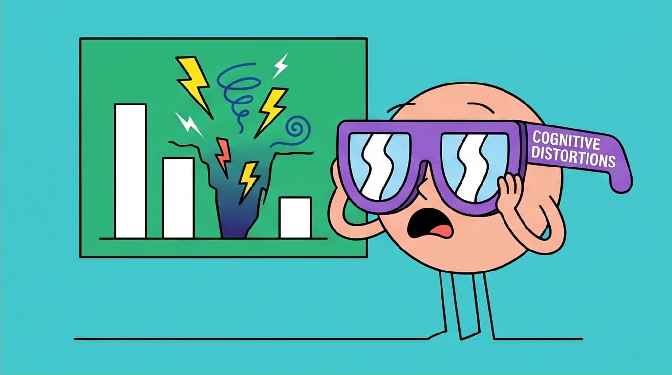 A person wearing 'Cognitive Distortions' glasses that magnify a small problem into a catastrophe, visualizing a source of workplace anxiety.