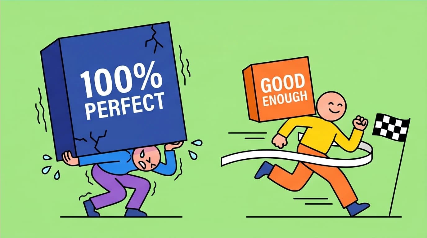 A character crushed by a '100% PERFECT' block versus one easily carrying a 'GOOD ENOUGH' block, a strategy to overcome performance anxiety.