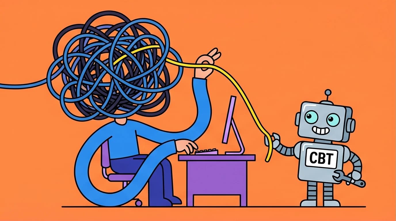 An illustration of a person using CBT techniques to untangle chaotic thoughts, representing a strategy for overcoming workplace anxiety and perfectionism.