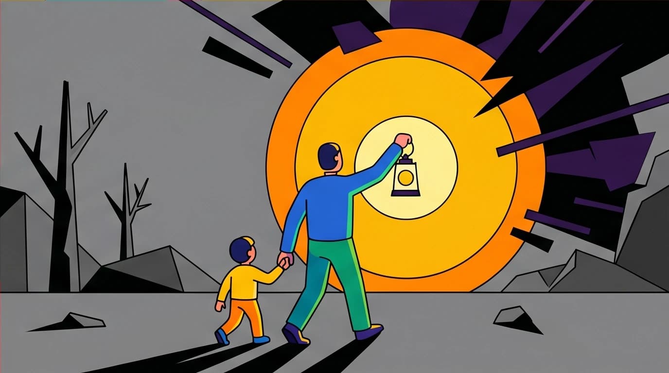An existentialist concept from The Road, showing a father and son 'carrying the fire' of hope through a dark, apocalyptic world.