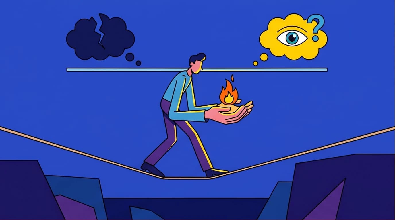 Illustration exploring the Cormac McCarthy philosophy, showing a figure balancing existentialism and nihilism on a tightrope over an abyss.