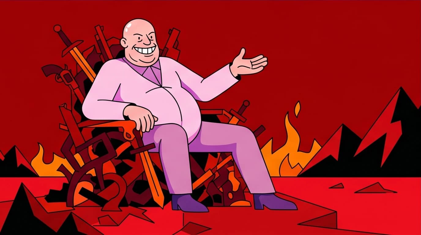 An illustration inspired by Blood Meridian showing Judge Holden on a throne of weapons, symbolizing violence as the ultimate principle.