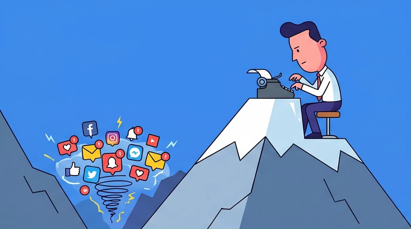 An illustration of a writer in deep work, symbolizing the Cormac McCarthy writing process of isolation and focus over modern distractions.