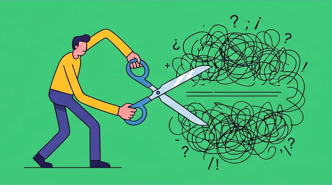 A writer using giant scissors to cut away messy text, representing Cormac McCarthy's ruthless editing advice for clear, powerful writing.