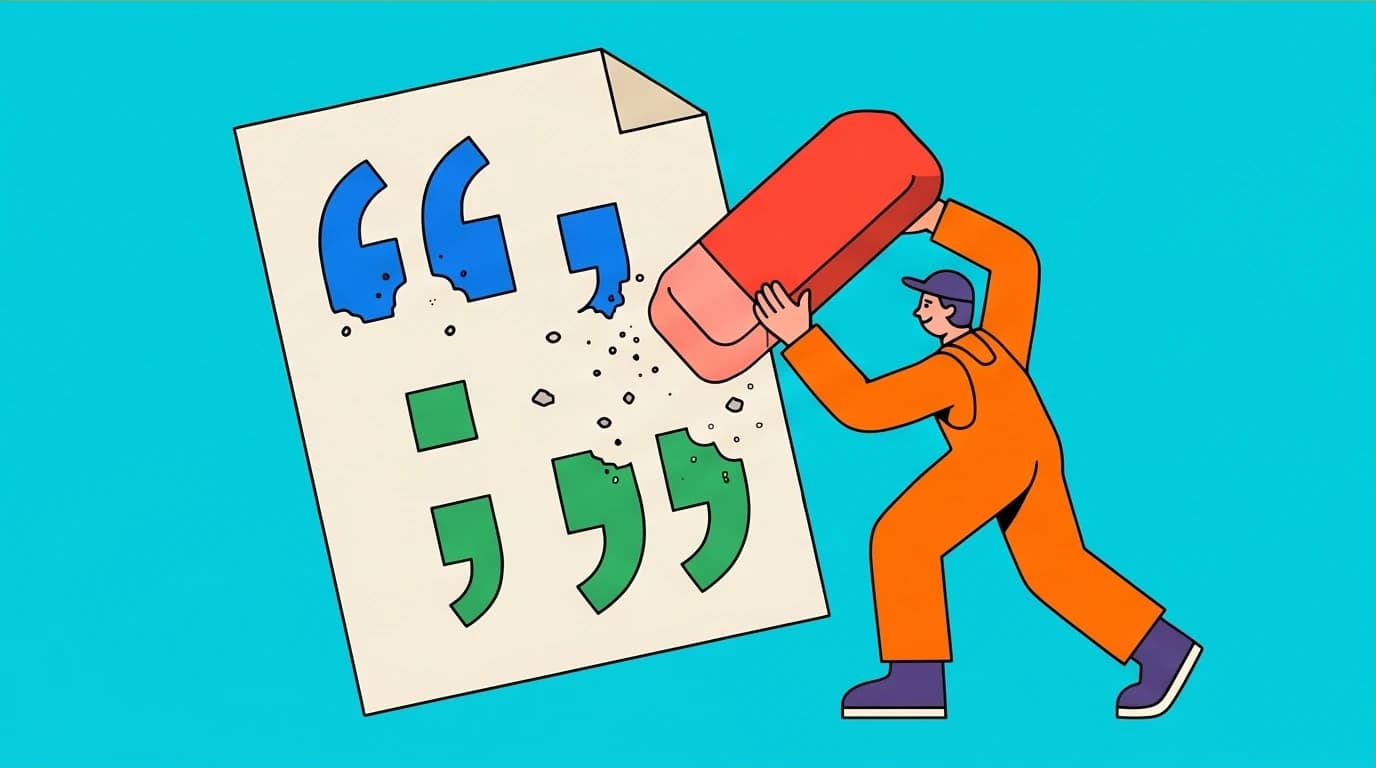 An illustration of a writer erasing quotation marks, symbolizing the minimalist punctuation rules in the Cormac McCarthy writing style.