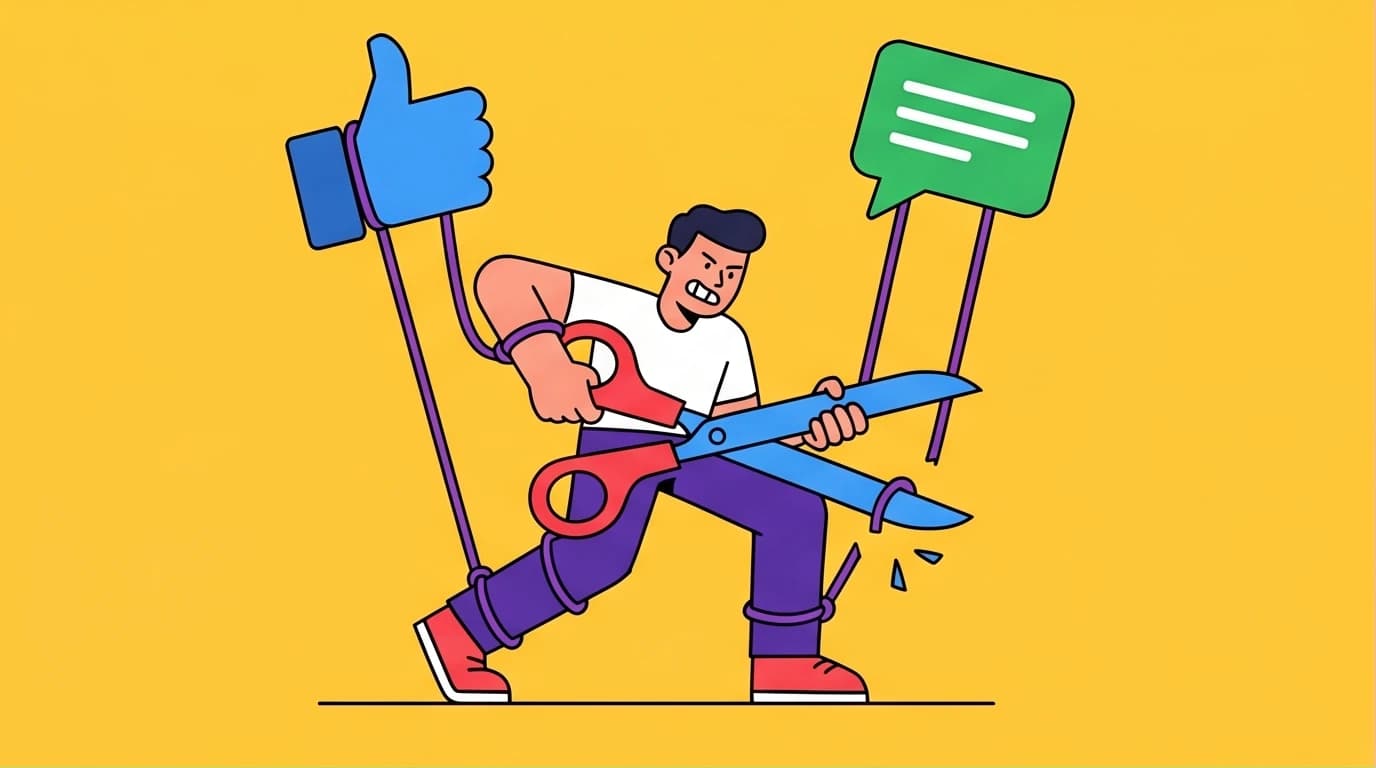 An illustration of a person cutting puppet strings tied to social media icons, symbolizing Adlerian psychology and the courage to be disliked.