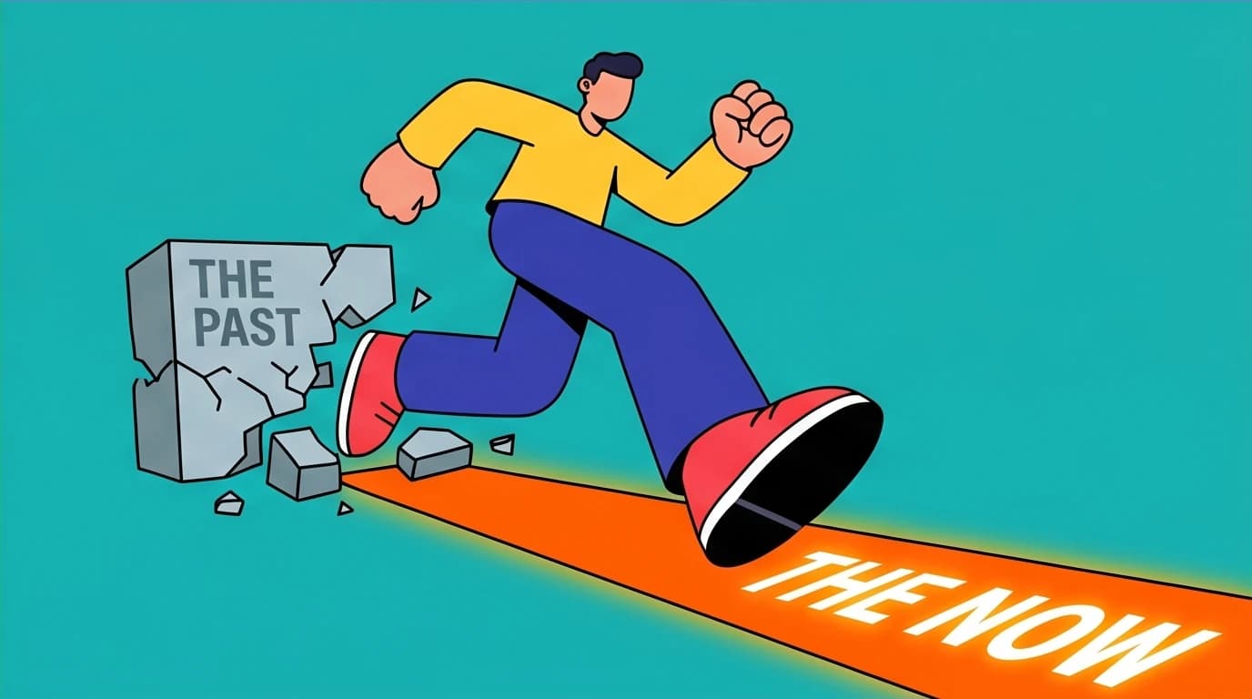A figure shattering the past with their step and moving into the present, showing the power of 'living in the now' from The Courage to be Disliked.