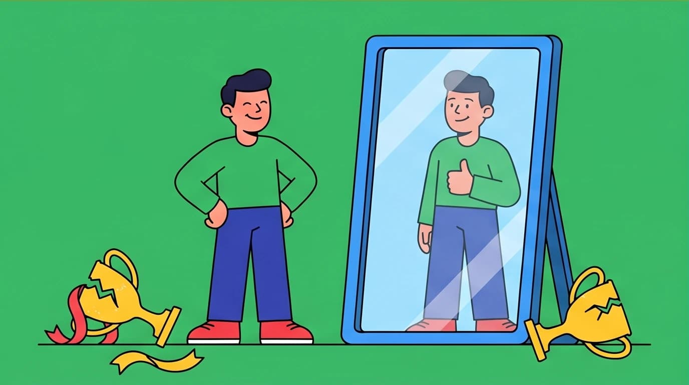A character happily accepting their ordinary reflection in a mirror, a concept of self-acceptance from Adlerian psychology.