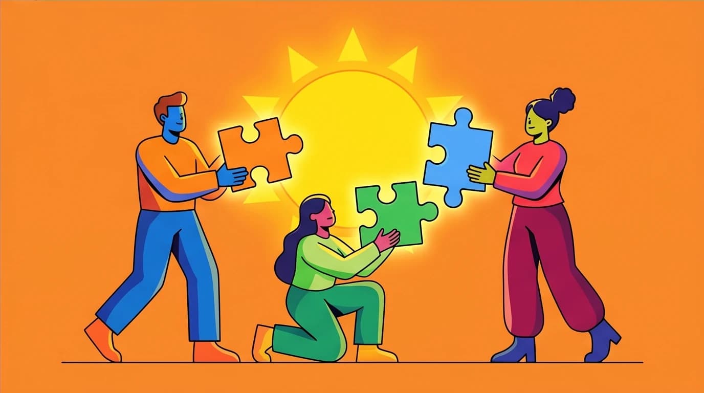 People working together to build a sun puzzle, symbolizing the 'community feeling' which is the ultimate goal in Adlerian psychology for a fulfilling life.